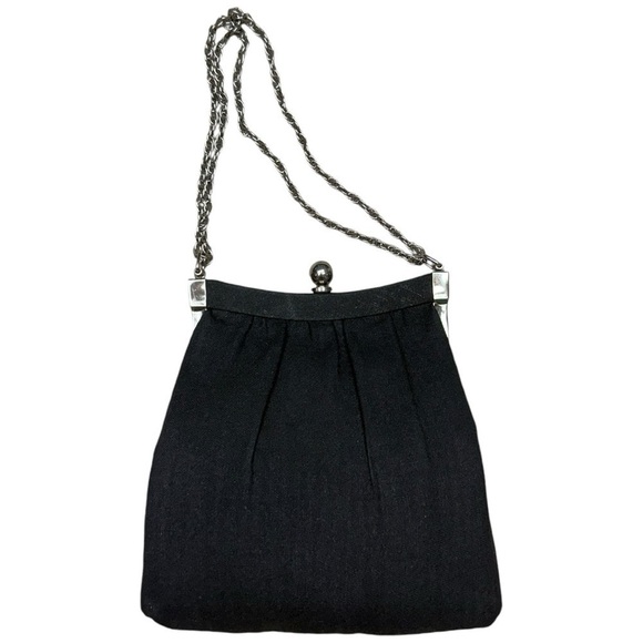 Vintage Black Pleated Clutch with Adjustable Chain Kiss Lock Evening Bag - Picture 12 of 12